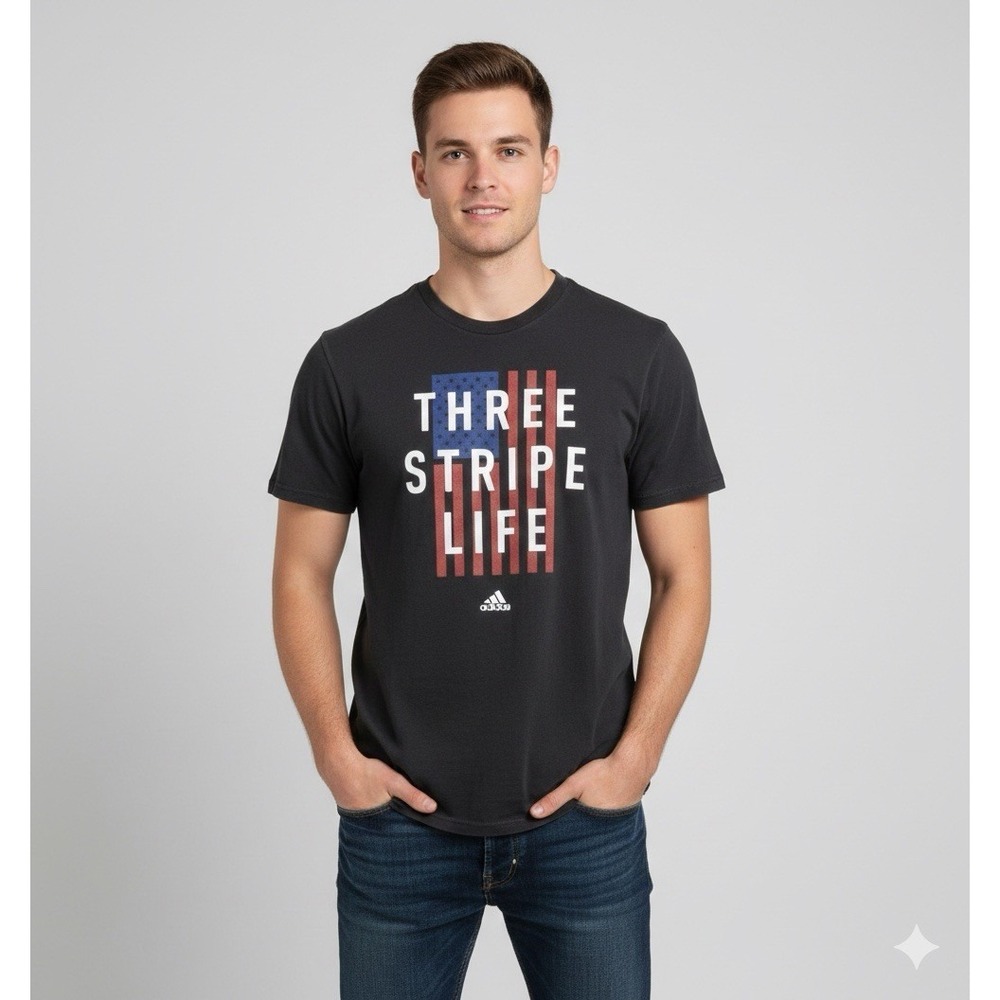 Adidas Mens Size Large Go To Tee Three Stripe Life Graphic T-Shirt Black Casual